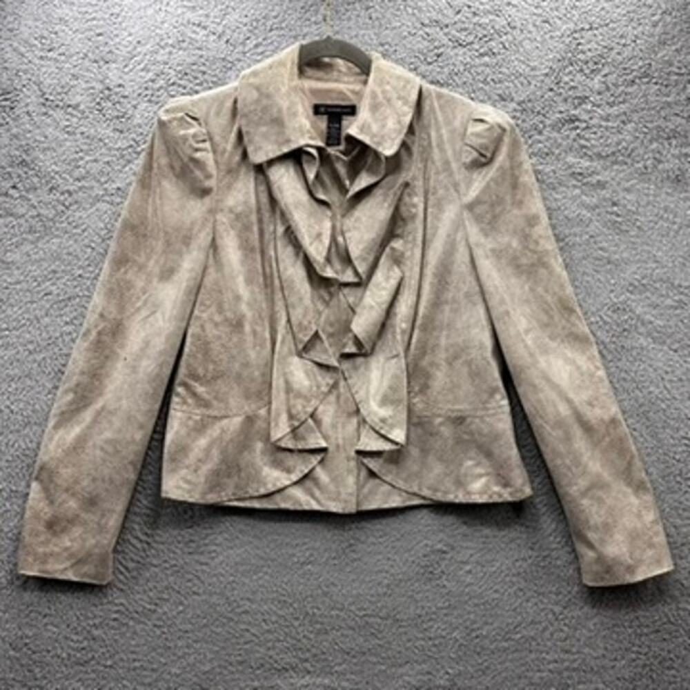 INC XL Faux Animal Print Jacket Blazer Front Ruffles Cropped Front Zip Lined EUC